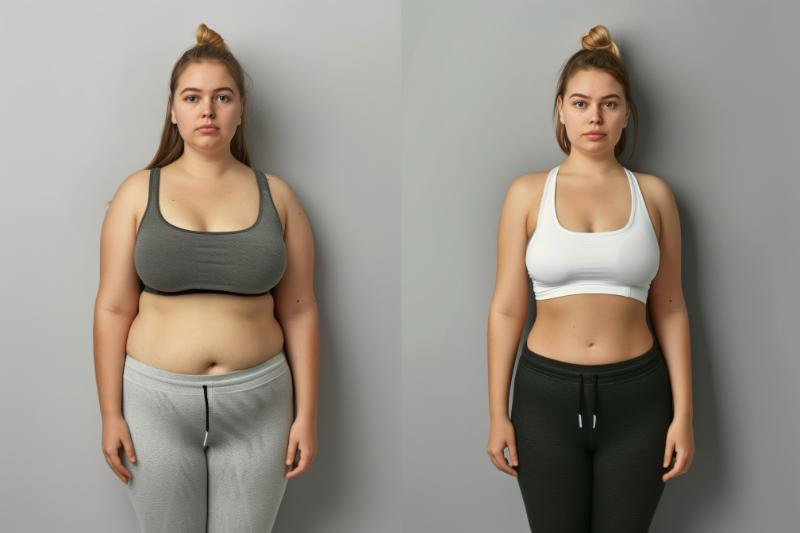 Before and after weight loss transformation showing significant changes.