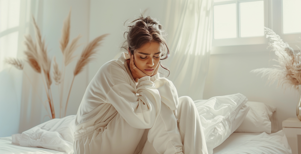Tired woman sitting on bed showing symptoms that may need BHRT.